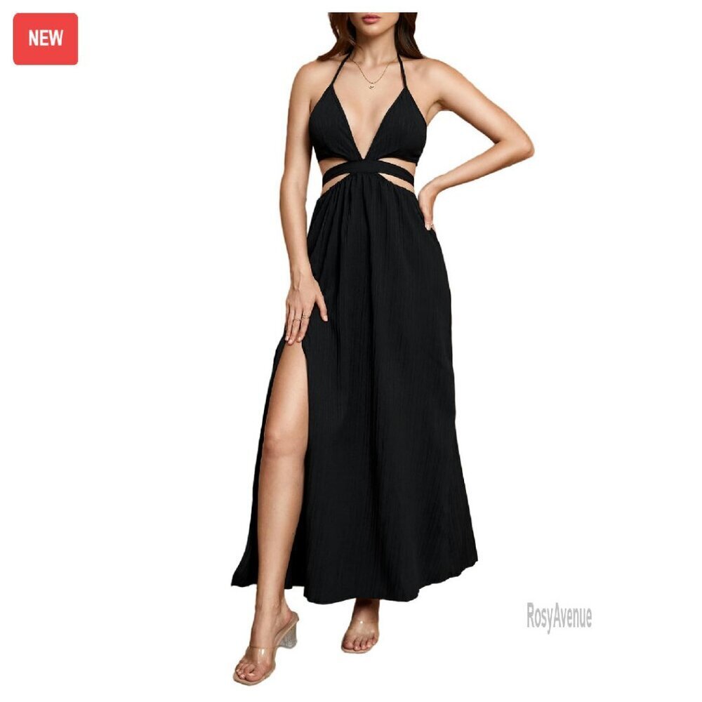 Sexy Backless Halter Maxi Dress with Tie Back and Side Slit
